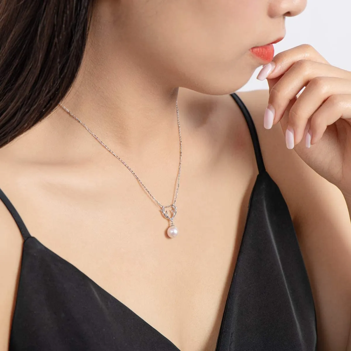 Deer Antlers Freshwater Cultured White Pearl Pendant Necklace S925 Silver Chain for Women Jewelry Gifts