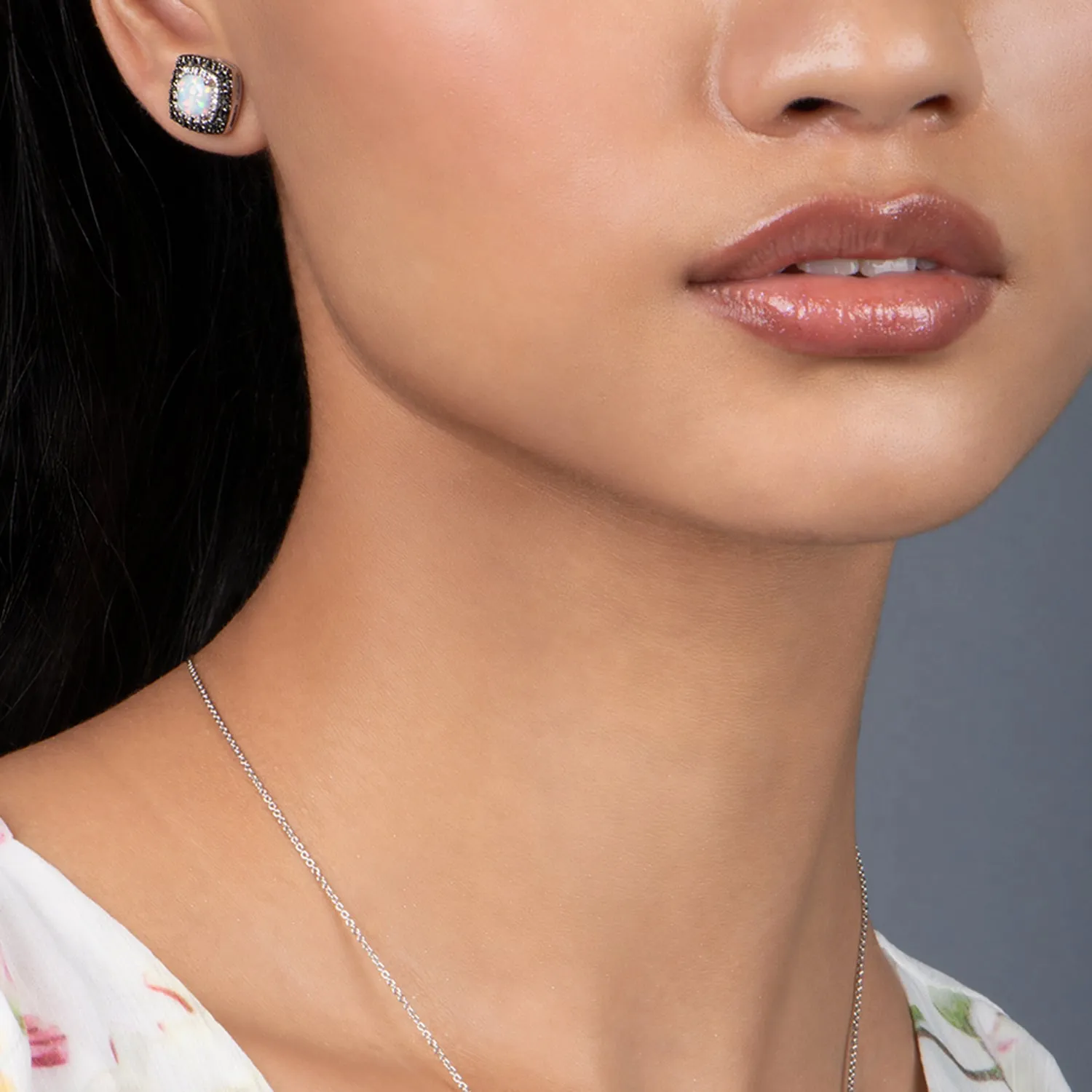 Jewelili Sterling Silver Cushion Created Opal with Black and White Diamonds Stud Earrings