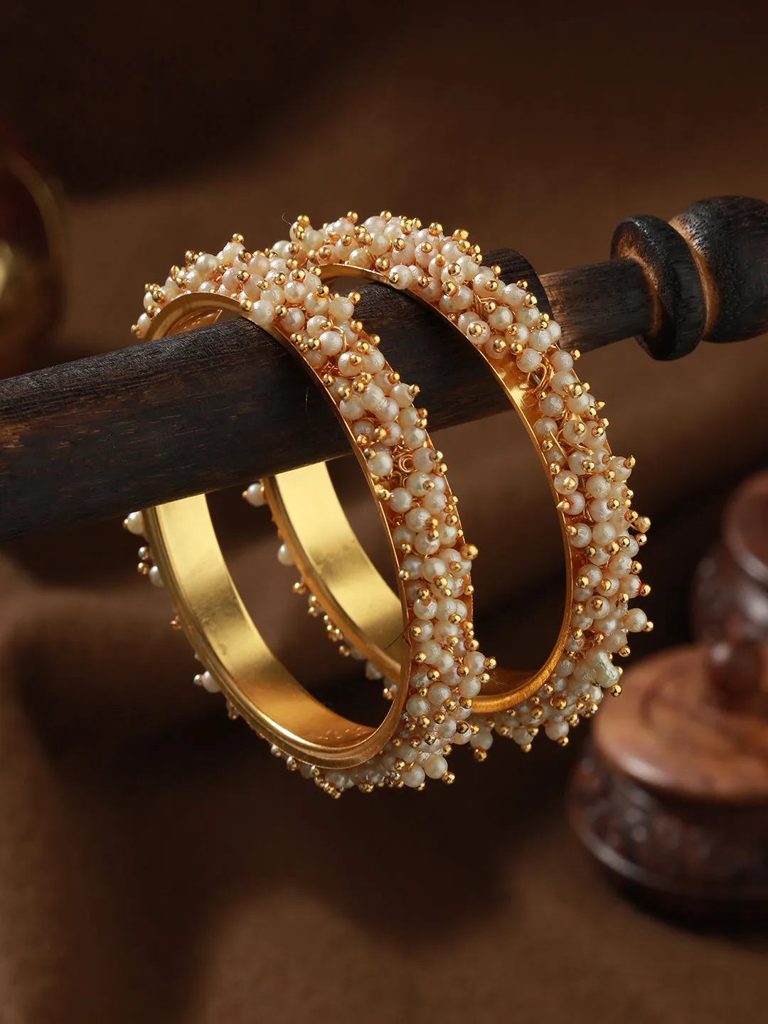 Set Of 2 Gold-Plated Pearl Beaded Bangles