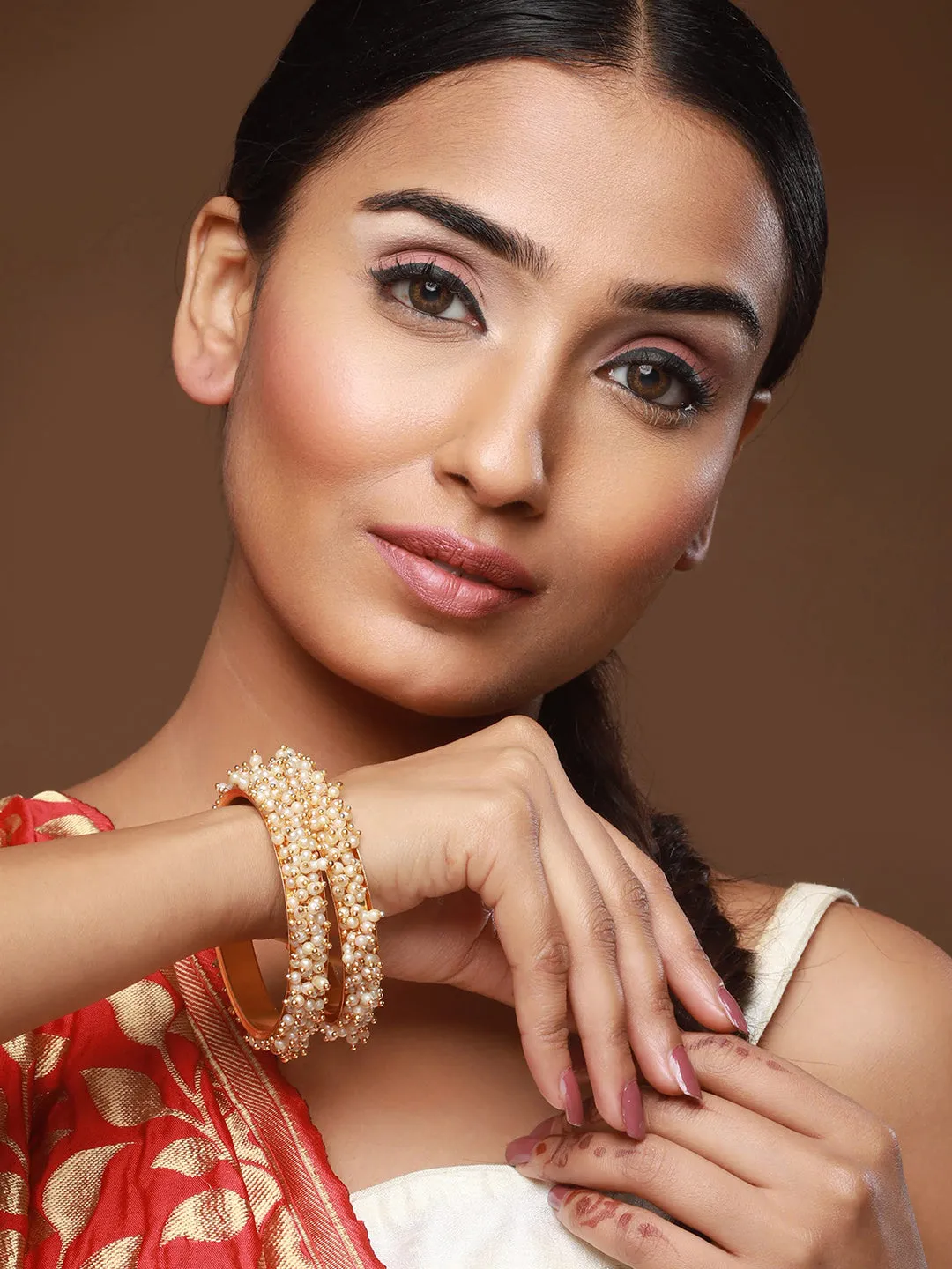 Set Of 2 Gold-Plated Pearl Beaded Bangles