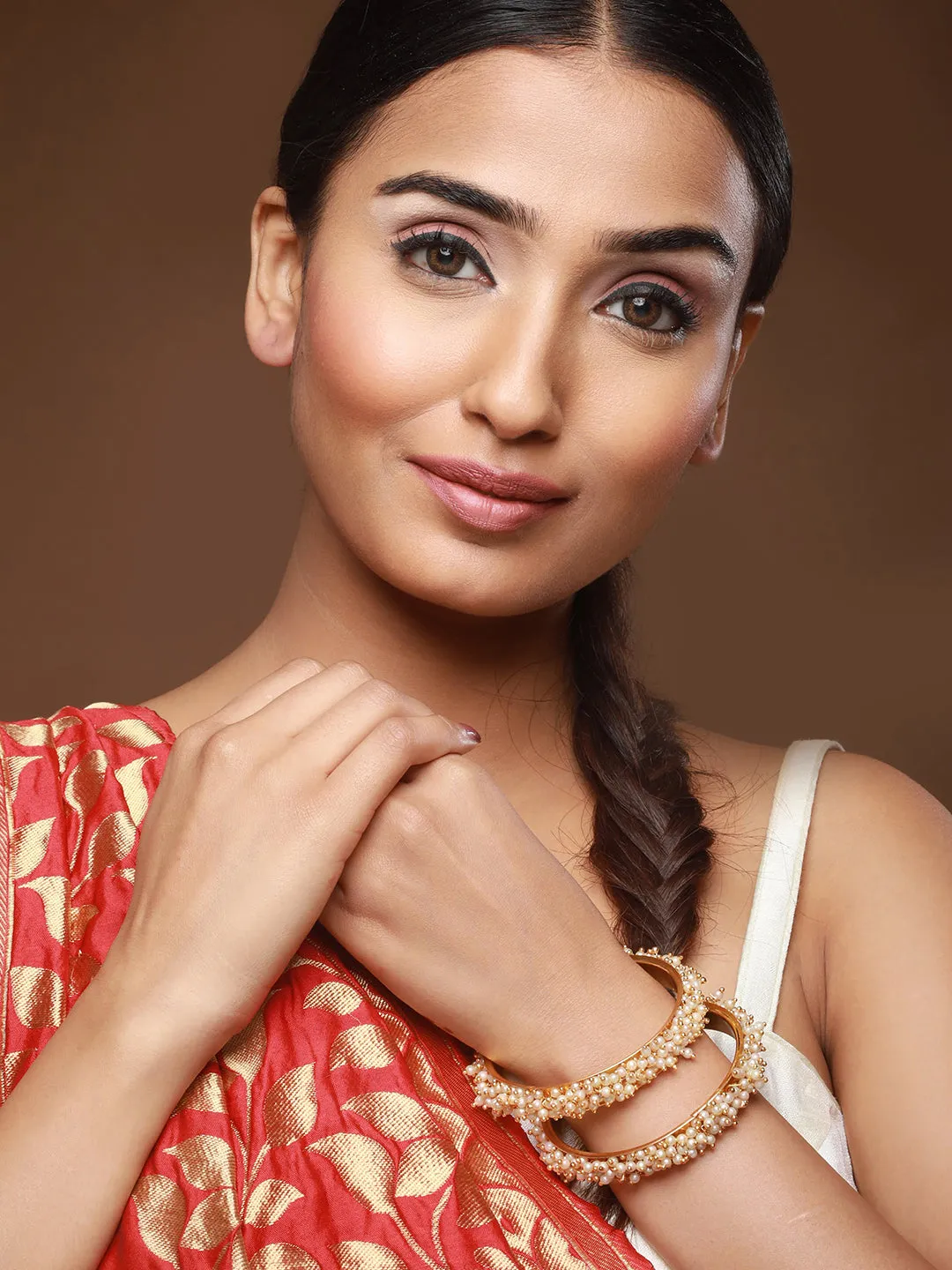 Set Of 2 Gold-Plated Pearl Beaded Bangles